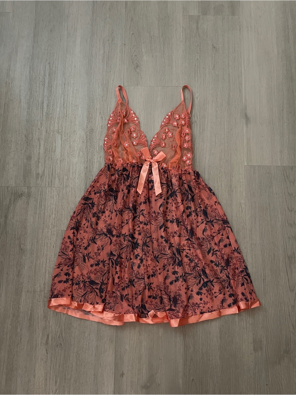 Coral Lace & Floral Satin Nightdress Y2K Pink Floral Lingerie Mini Dress Size L